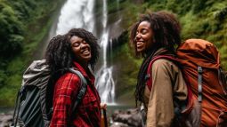 two black women hiking at a waterfall