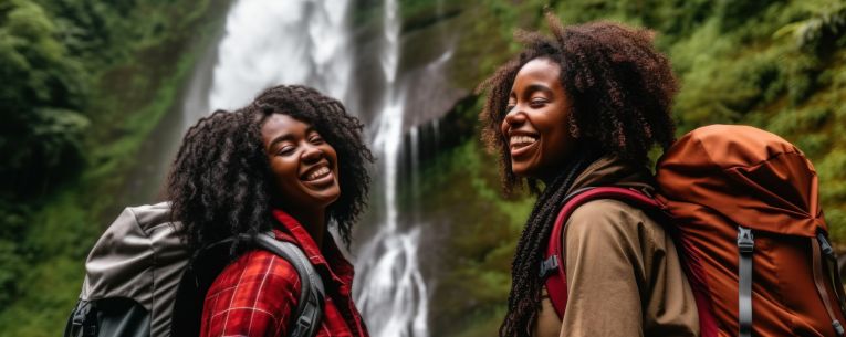 Allianz - two black women hiking at a waterfall