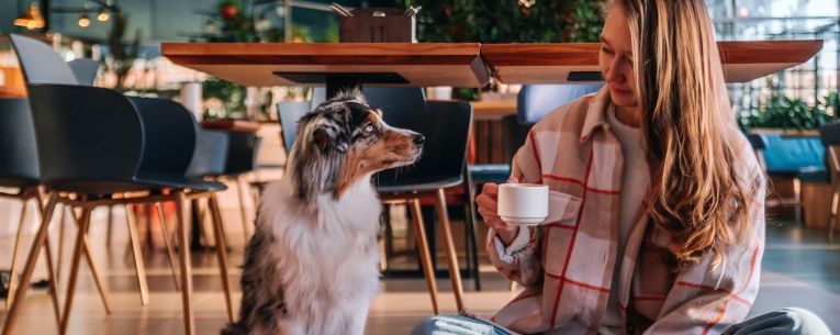 Allianz - woman with her dog in a coffee shop